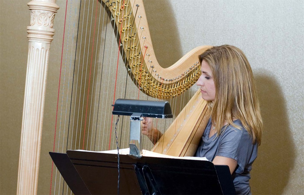 Harpist Laura Utley returns to play during the VIP reception and dinner.