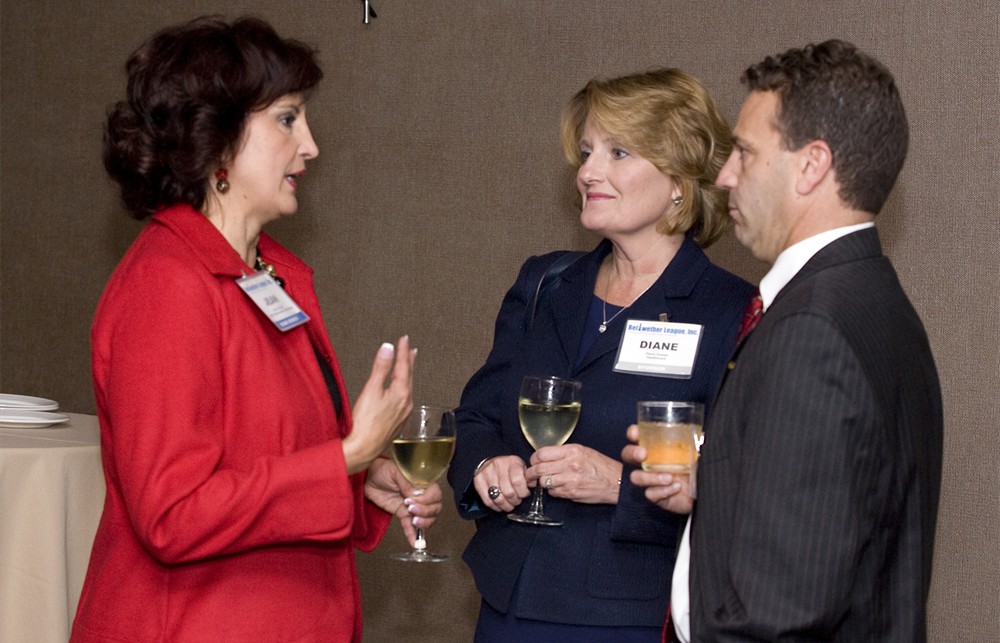 Bellwether League Inc. Board Member Jean Sargent (left) catches up with Healthmark’s Diane Gosser (center) and Steve Basile (right)