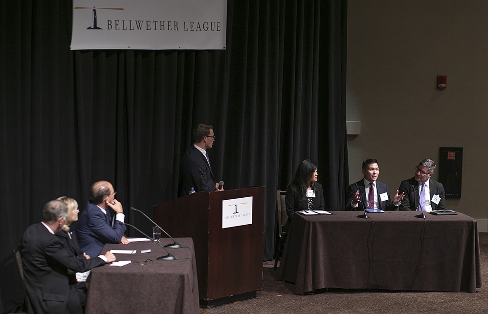 Bellwether League Secretary Nate Mickish (center at podium) (Future Famers Class of 2015), moderates a panel of Bellwethers and Future Famers on the topic of “Intrapreneurship” during the 7th Annual Healthcare Supply Chain Leadership Forum. Panelists include (from left to right): Carl Meyer (Bellwether Class of 2019), Mary Starr (Bellwether Class of 2018) and Nick Toscano (Bellwether Class of 2018), Amy Chieppa (Future Famers Class of 2018), Jun Amora (Future Famers Class of 2019) and Wilgberto Gonzalez.