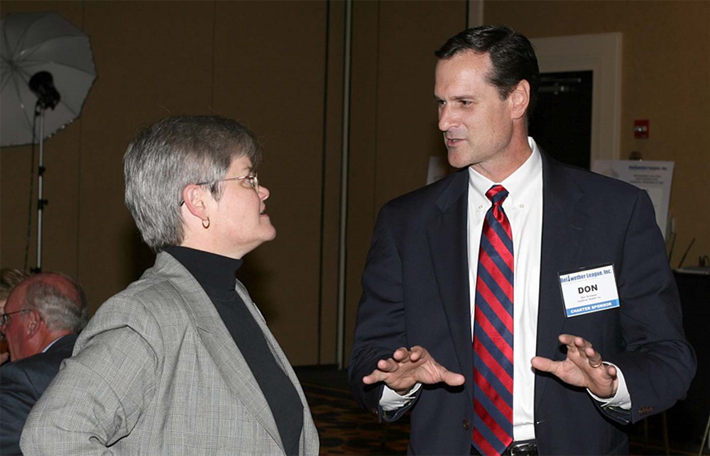 Chicago-based Northwestern Memorial Hospital's Nancy Hensley, Director of Strategic Sourcing (left) chats with Cardinal Health's Don Schweer.
